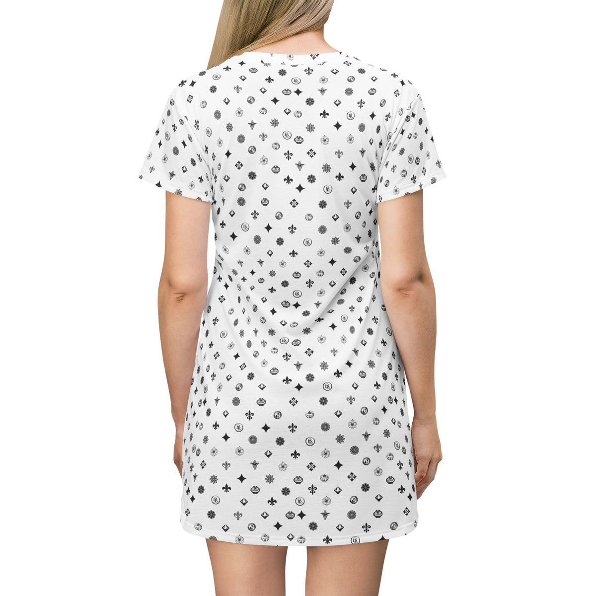 T-Shirt Dress — White Ornamental Motif All-Over Print