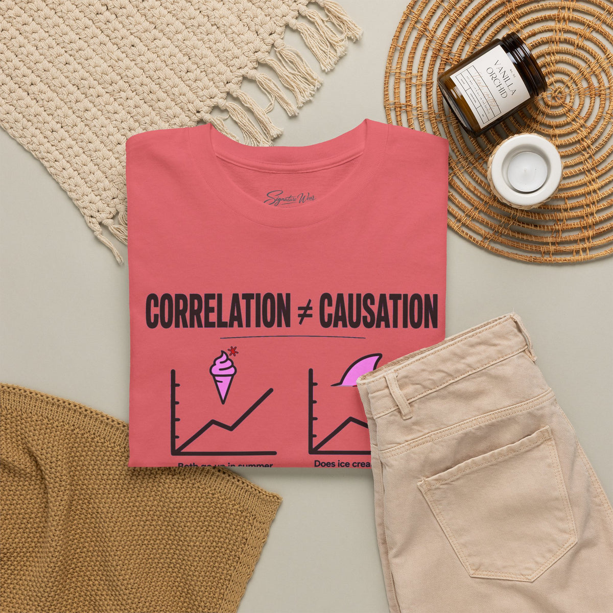 Correlation ≠ Causation Graphic Tee — White, Blue, Pink, Yellow & Neutral Bases