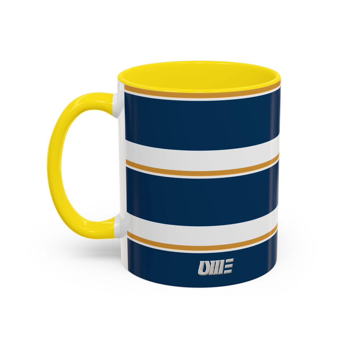 Navy and Gold Striped Accent Mug — White Ceramic