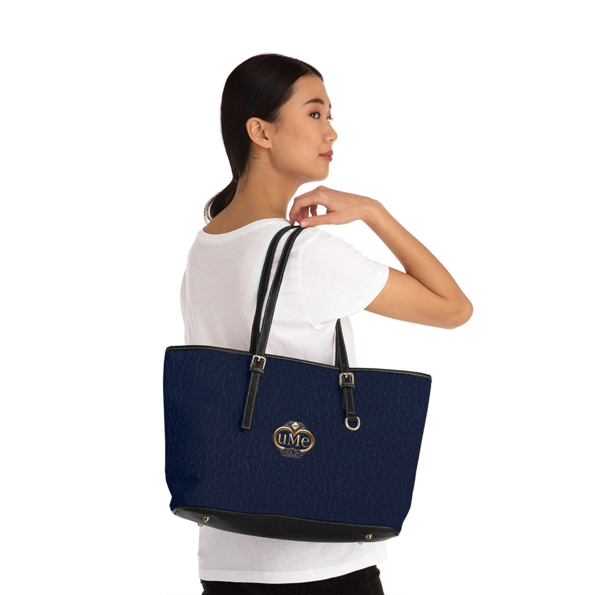 Navy PU Leather Shoulder Bag with Gold Crest Accent