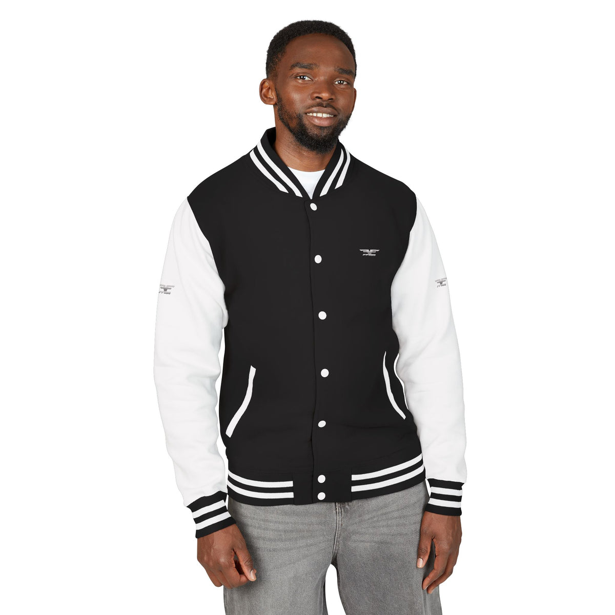 Black and White Varsity Jacket with Winged Logo