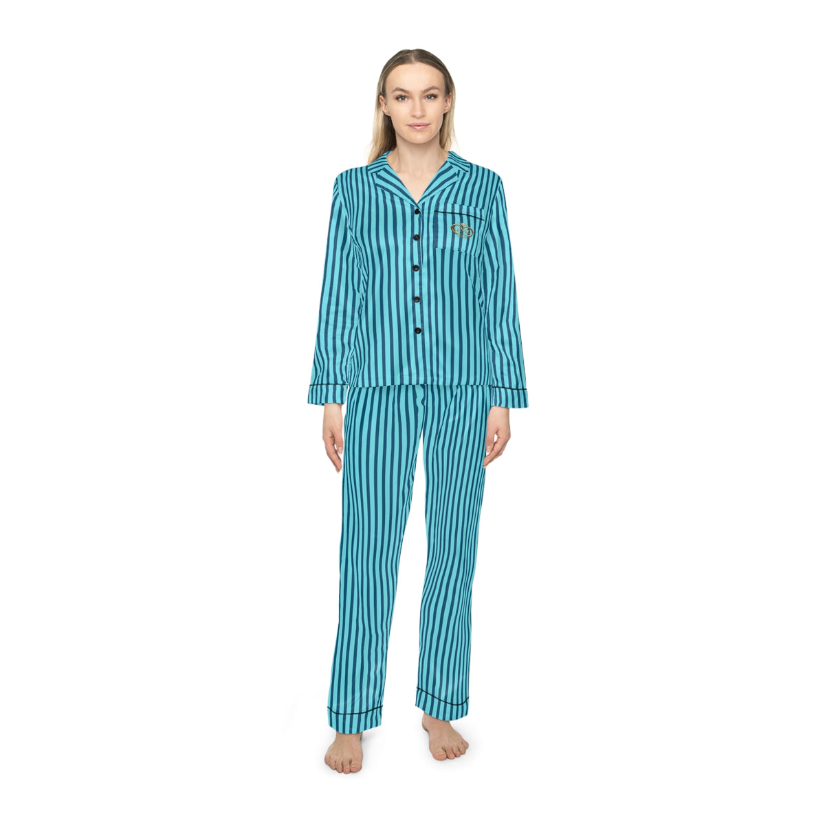 UME Striped Satin Women's Pajama Set — Aqua All-Over Print