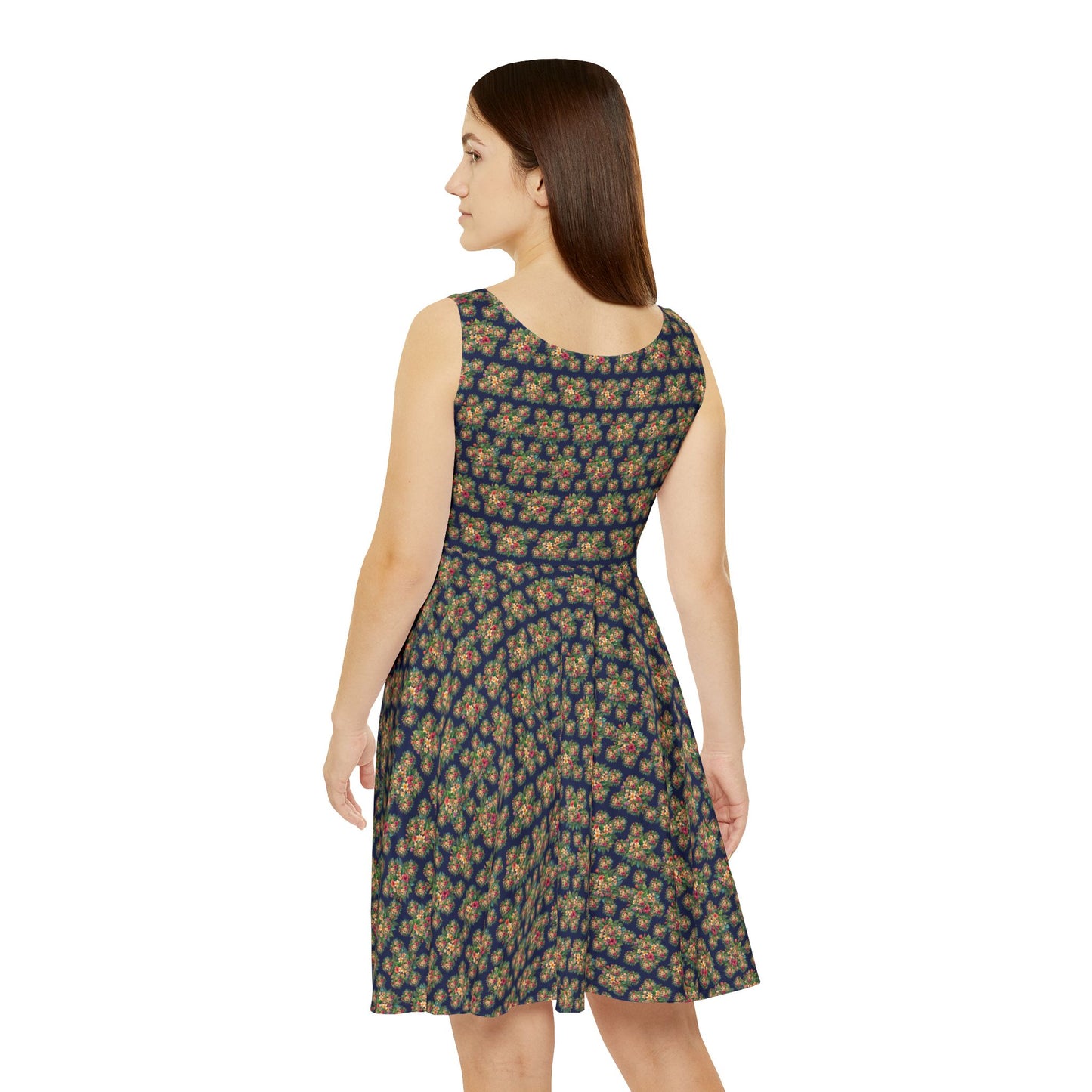 Floral Navy Skater Dress — Vintage Yellow Rose All-Over Print