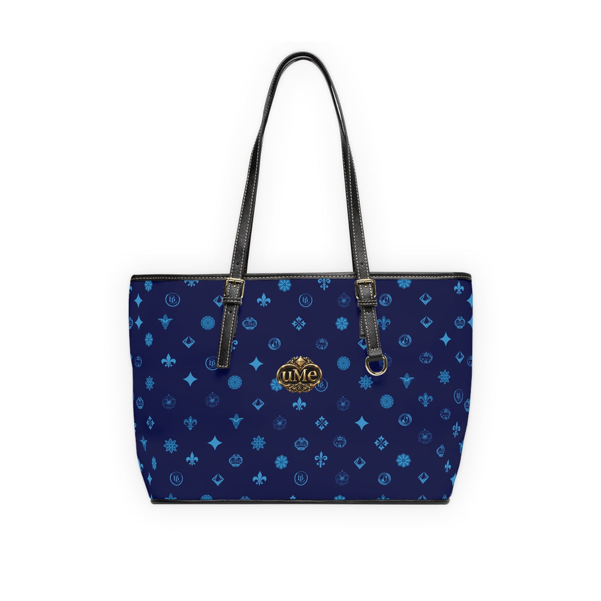 Navy PU Leather Shoulder Bag — Monogram Crest Tote
