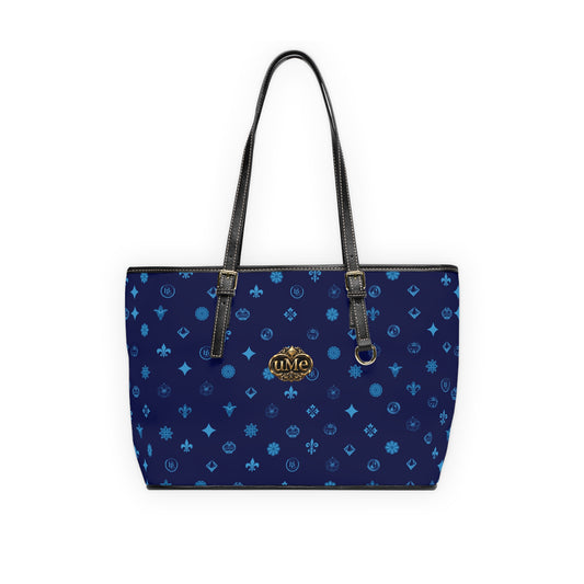 Navy PU Leather Shoulder Bag — Monogram Crest Tote