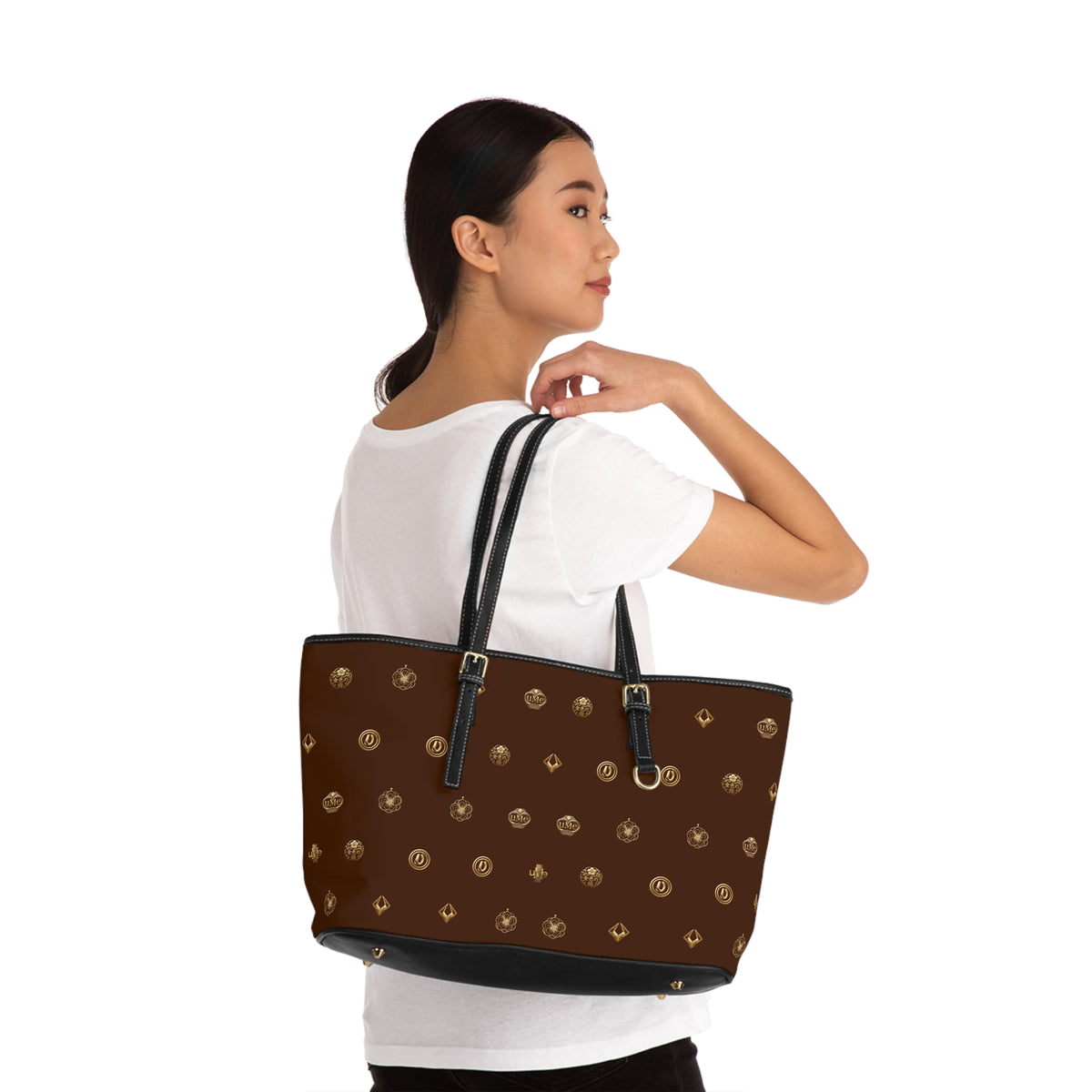 Brown Monogram PU Leather Shoulder Bag — Gold Emblem Print Luxe Tote