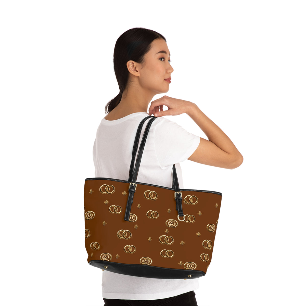 PU Leather Shoulder Bag — Dark Orange Gold Emblem Tote