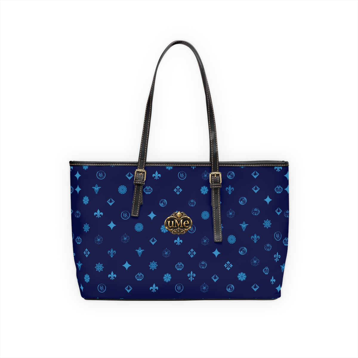 Navy PU Leather Shoulder Bag — Monogram Crest Tote