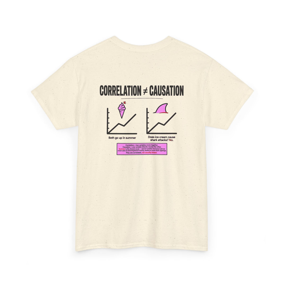 Correlation ≠ Causation Graphic Tee — White, Blue, Pink, Yellow & Neutral Bases