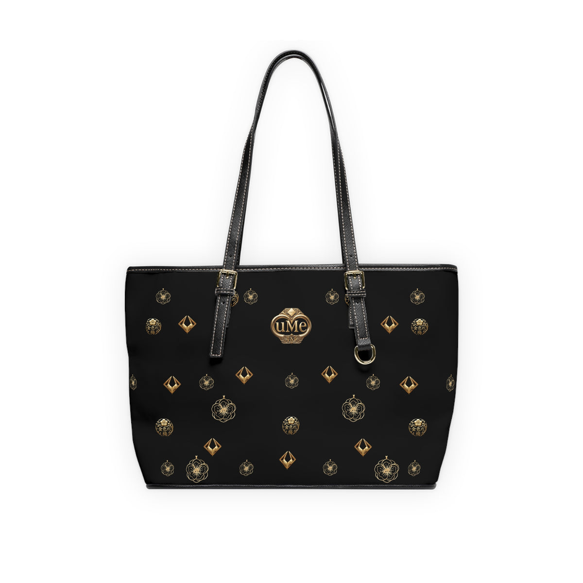 Monogrammed Black PU Shoulder Bag — Gold uMe Pattern Tote for Everyday Use