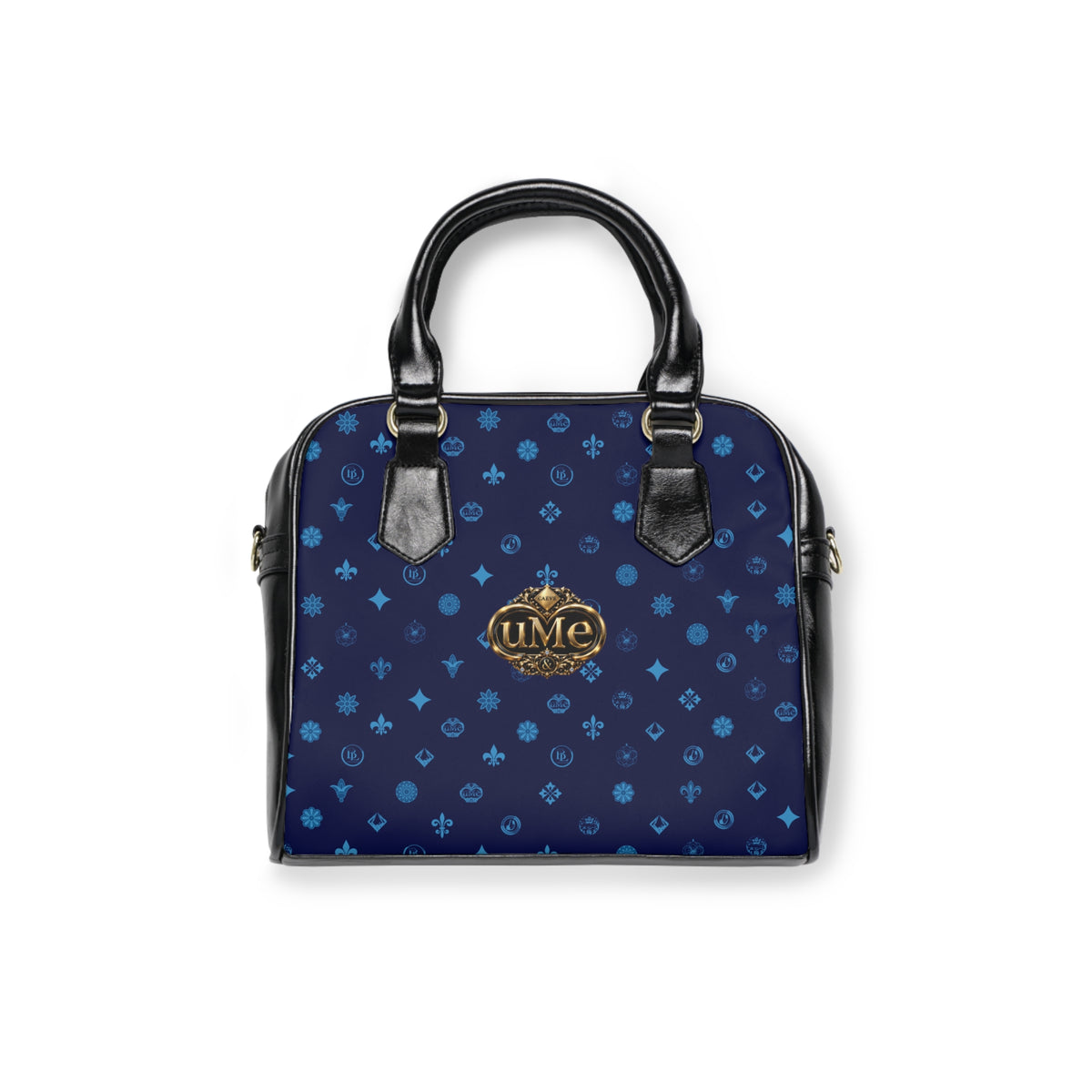 UME Monogram Pattern Shoulder Handbag — Navy All-Over Print with Gold Crest
