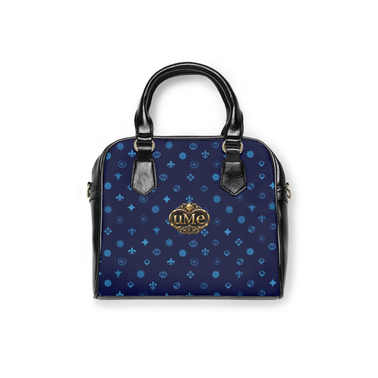 UME Monogram Pattern Shoulder Handbag — Navy All-Over Print with Gold Crest