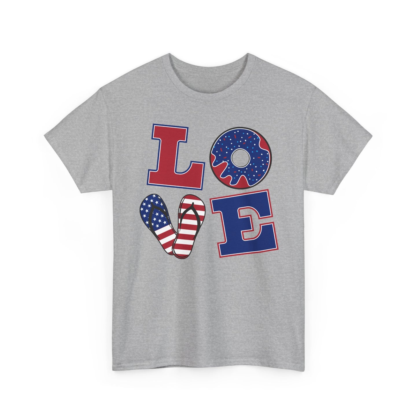 Patriotic "LOVE" Tee – American Flag Donut Heart 4th of July Shirt