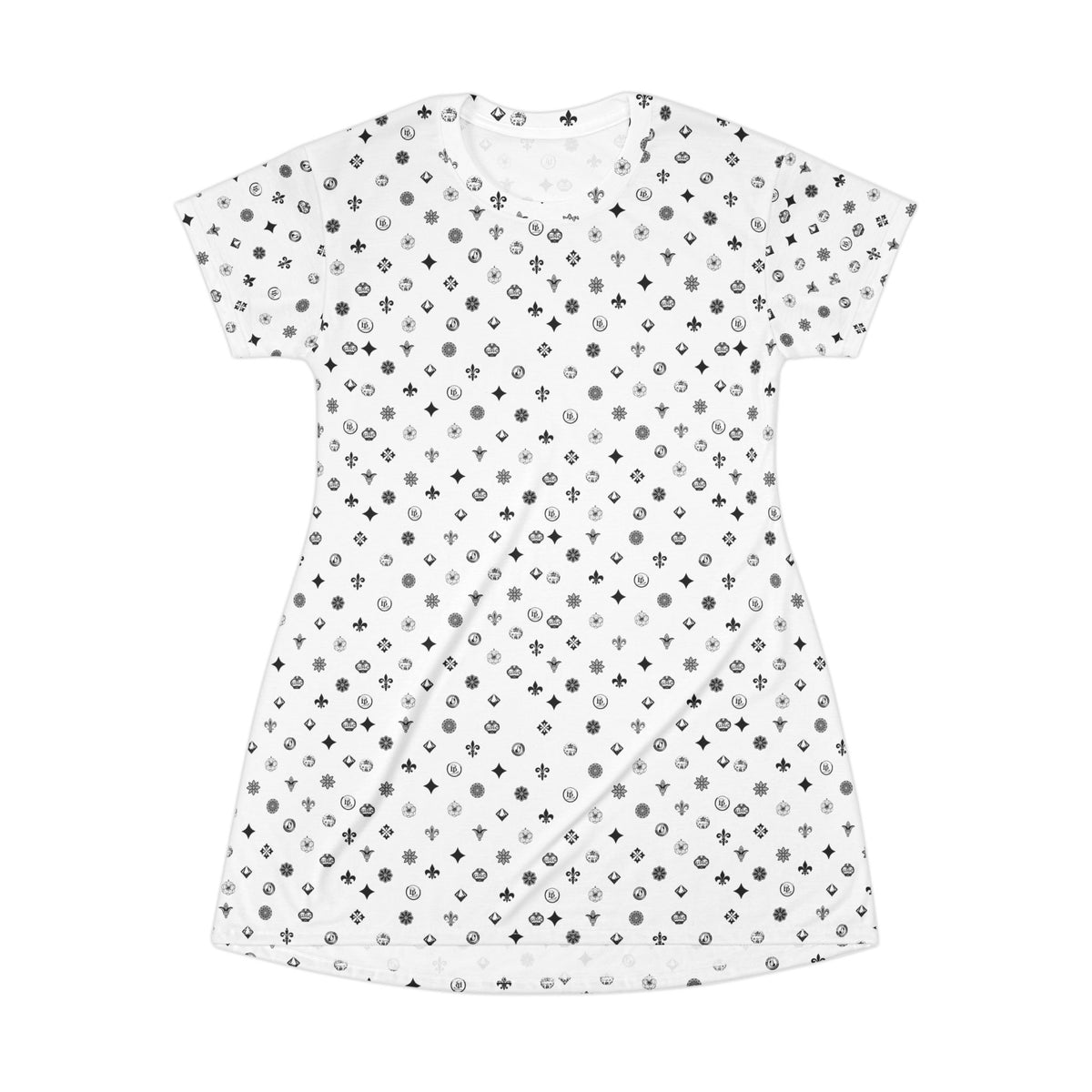 T-Shirt Dress — White Ornamental Motif All-Over Print