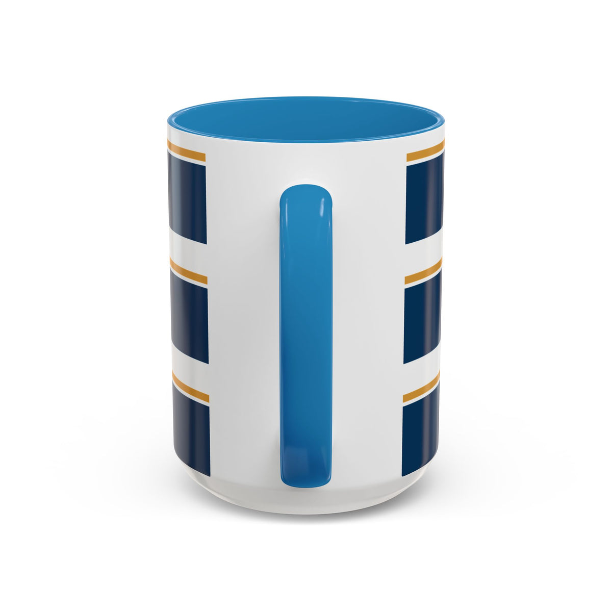 Navy and Gold Striped Accent Mug — White Ceramic