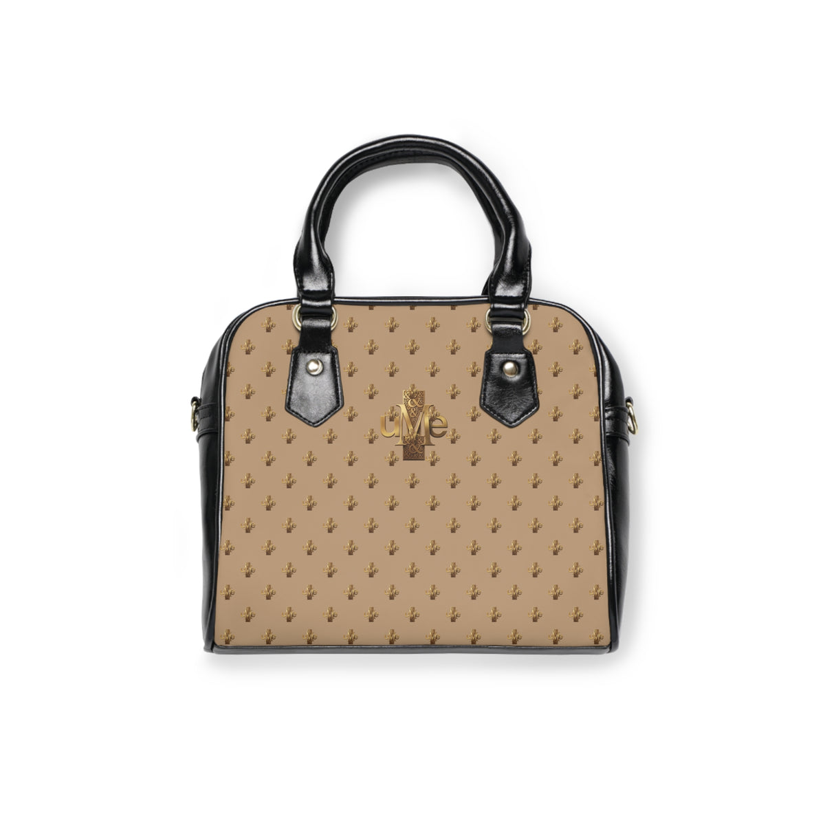 Beige Shoulder Handbag — Faux Leather Tote with Gold uMe Cross Logo