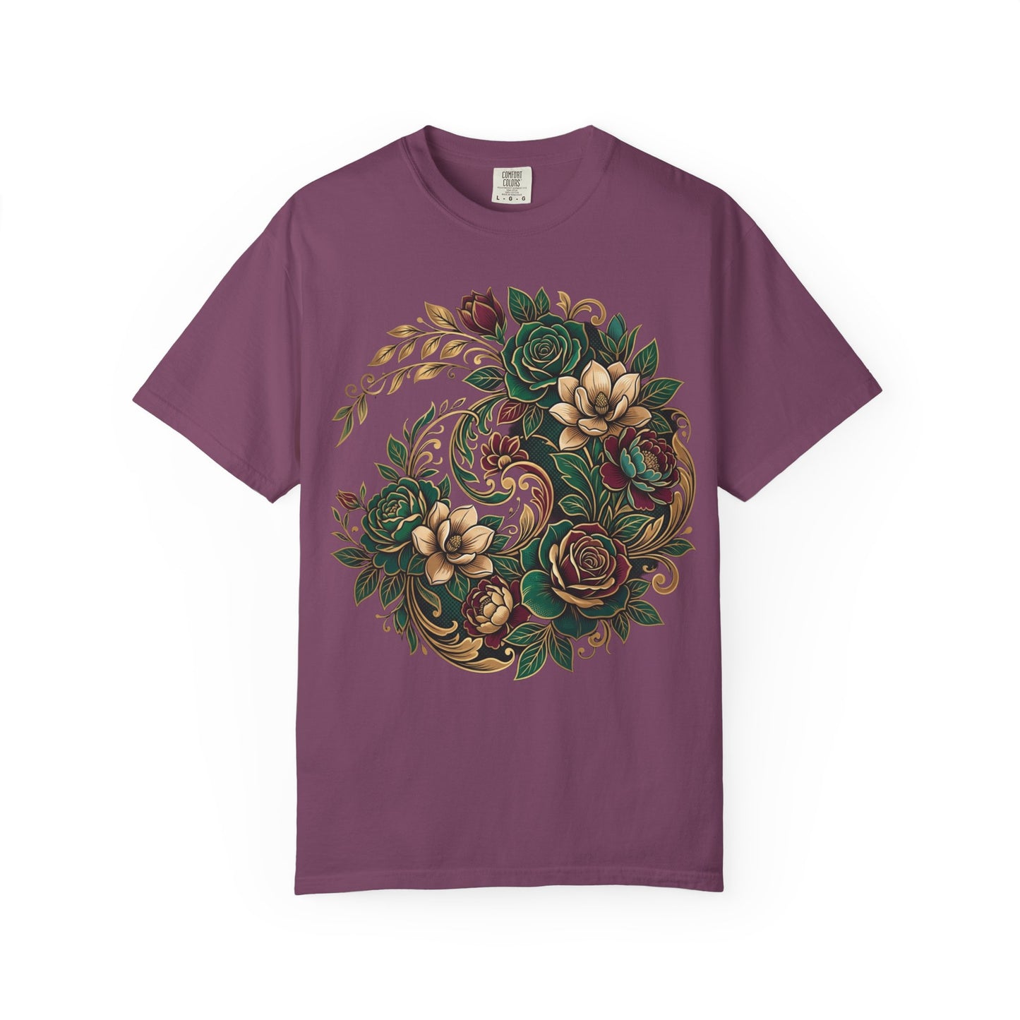 Floral Yin Yang T-Shirt — Vintage Green & Gold Rose Graphic Tee