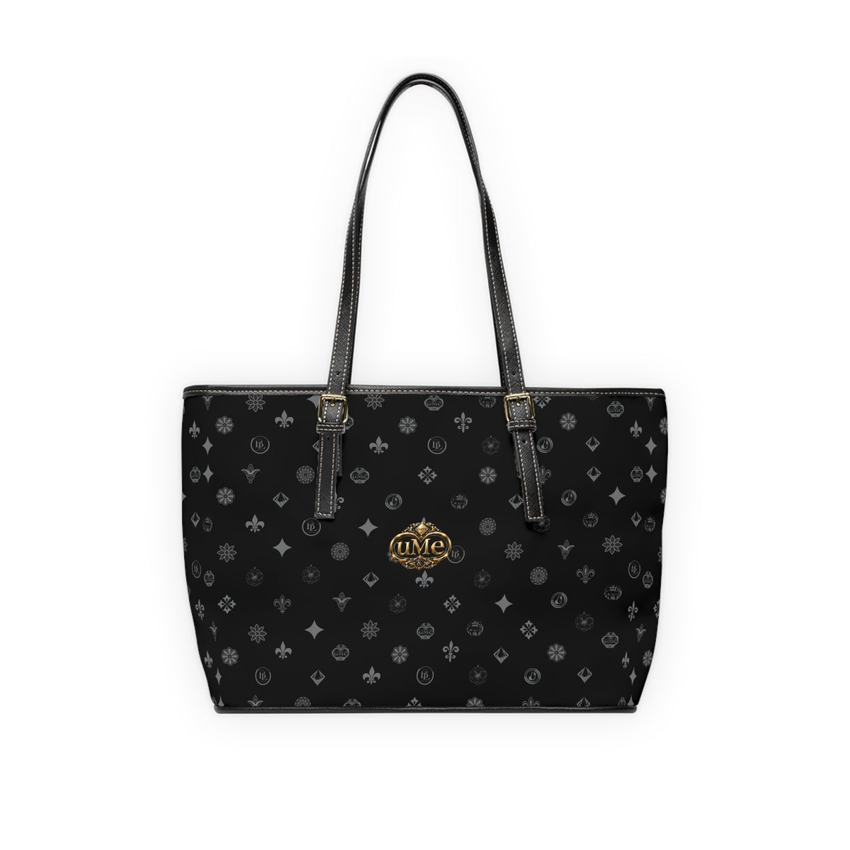 Black PU Leather Shoulder Bag with Monogram Crest Pattern