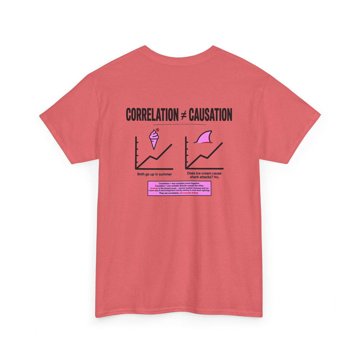 Correlation ≠ Causation Graphic Tee — White, Blue, Pink, Yellow & Neutral Bases
