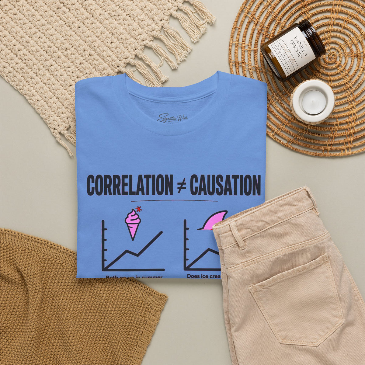 Correlation ≠ Causation Graphic Tee — White, Blue, Pink, Yellow & Neutral Bases