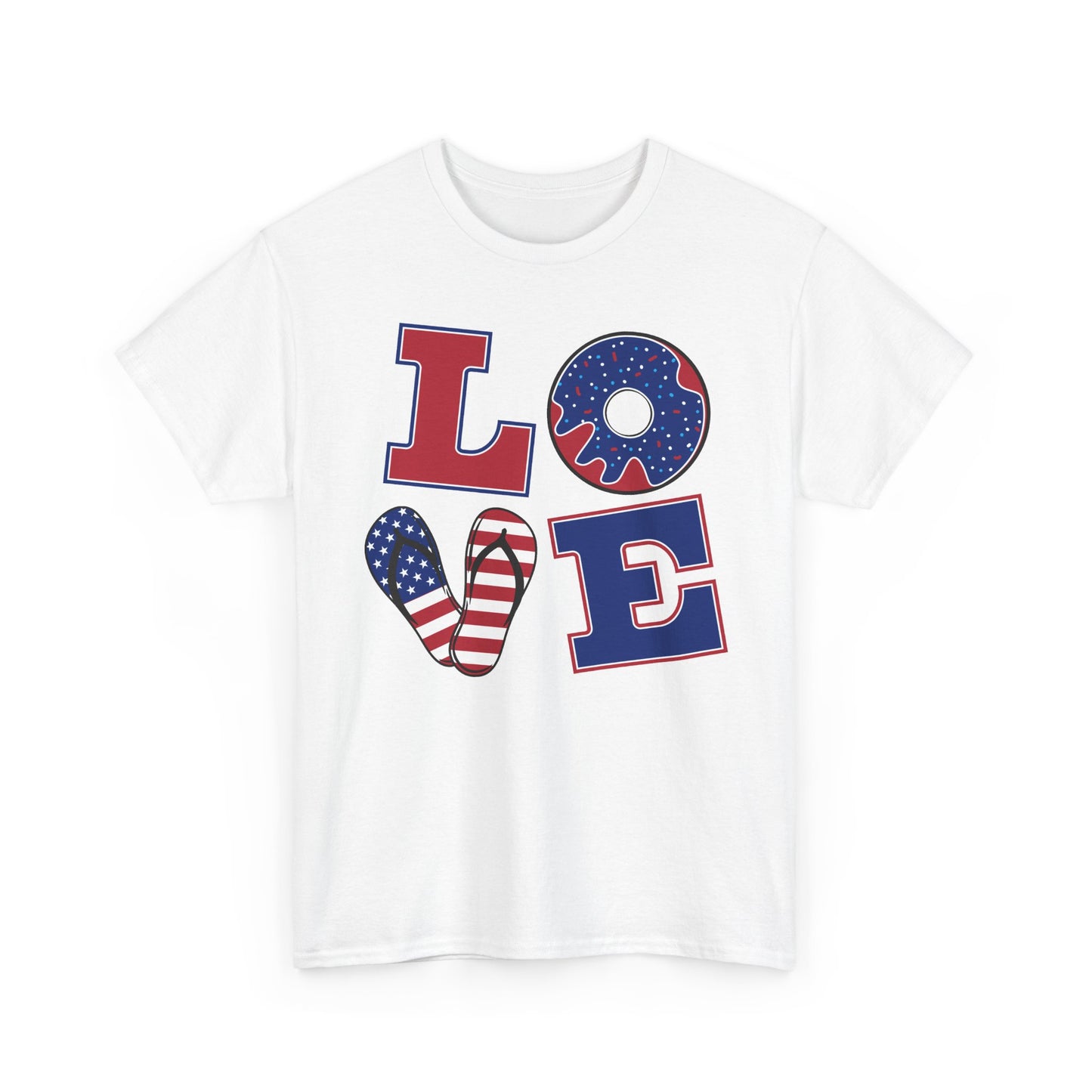 Patriotic "LOVE" Tee – American Flag Donut Heart 4th of July Shirt