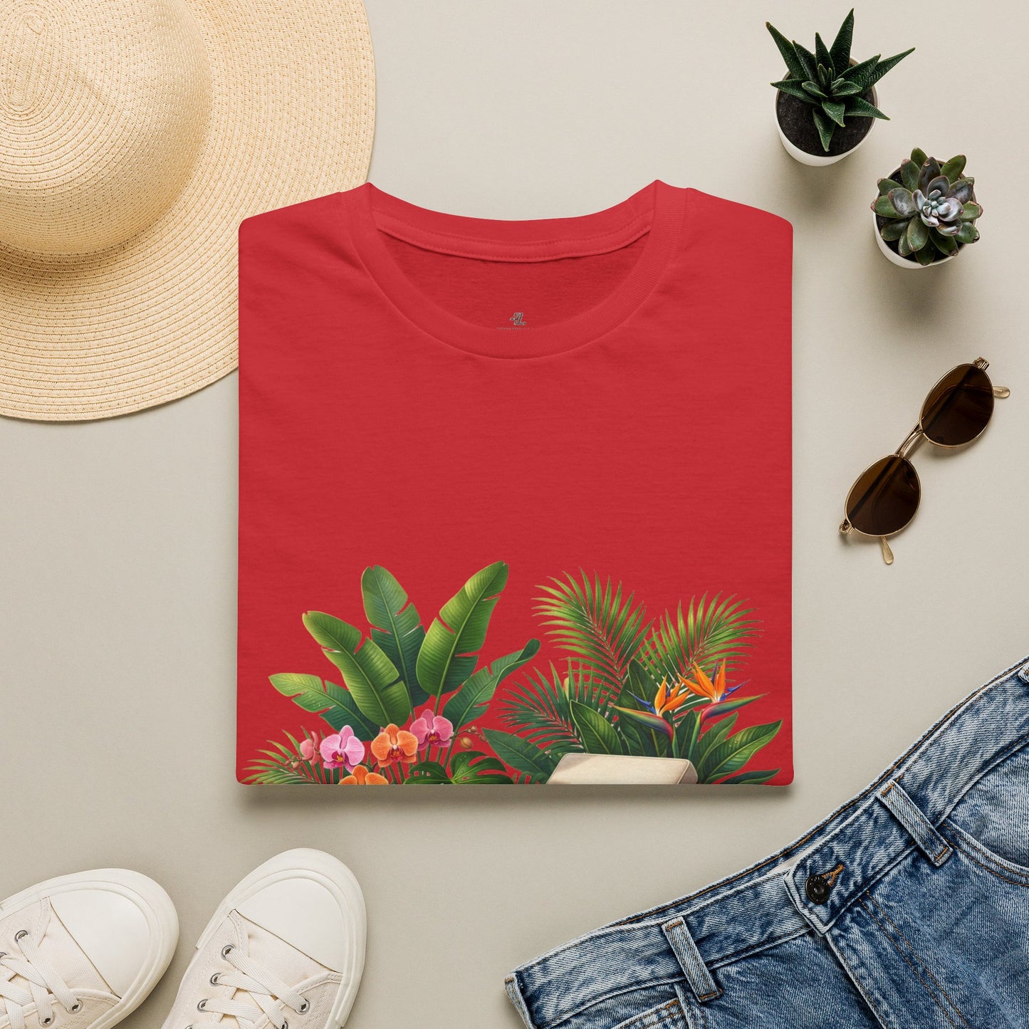 Tropical Lounge T-Shirt — Cozy Chair & Palm Floral Graphic Tee