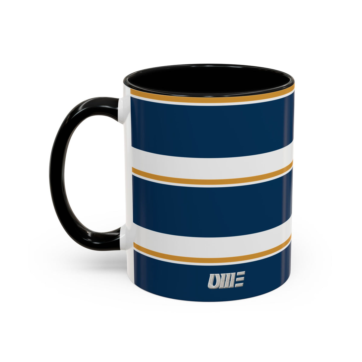 Navy and Gold Striped Accent Mug — White Ceramic