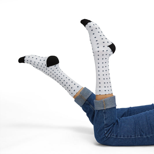Star Stripe Sublimation Socks — White Crew Socks with Small Black Stars