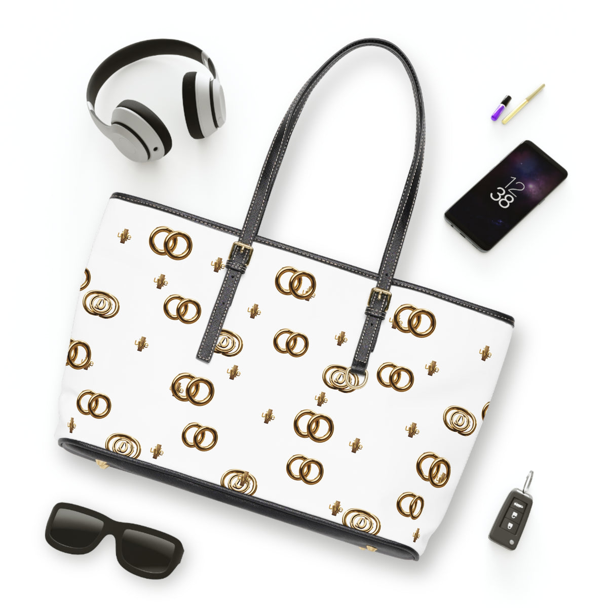 PU Leather Shoulder Bag — White Gold Emblem Tote