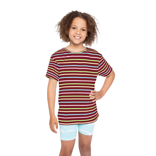 Kids Stripe Sports Jersey — Burgundy Rainbow Athletic Tee