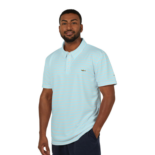 Striped Casual Polo Shirt — Unisex Ice Blue & Peach Horizontal Stripe Knit