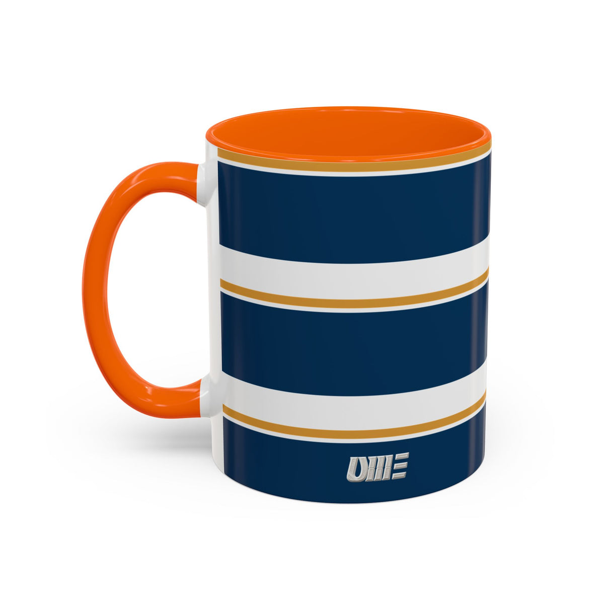 Navy and Gold Striped Accent Mug — White Ceramic