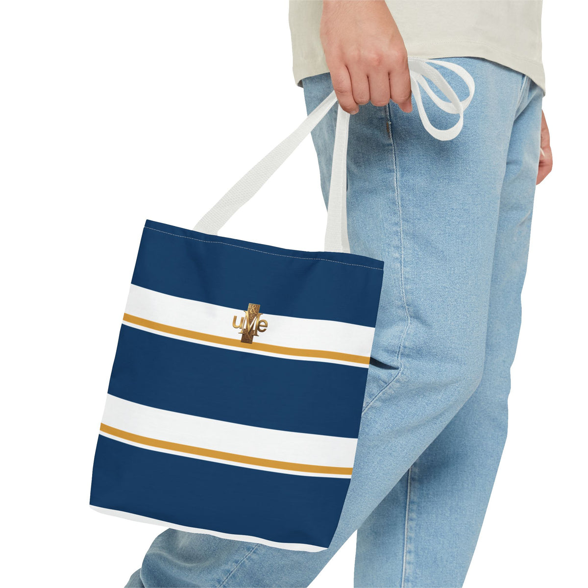 LIVE Cross Tote Bag — Navy & White Stripes with Gold Motif