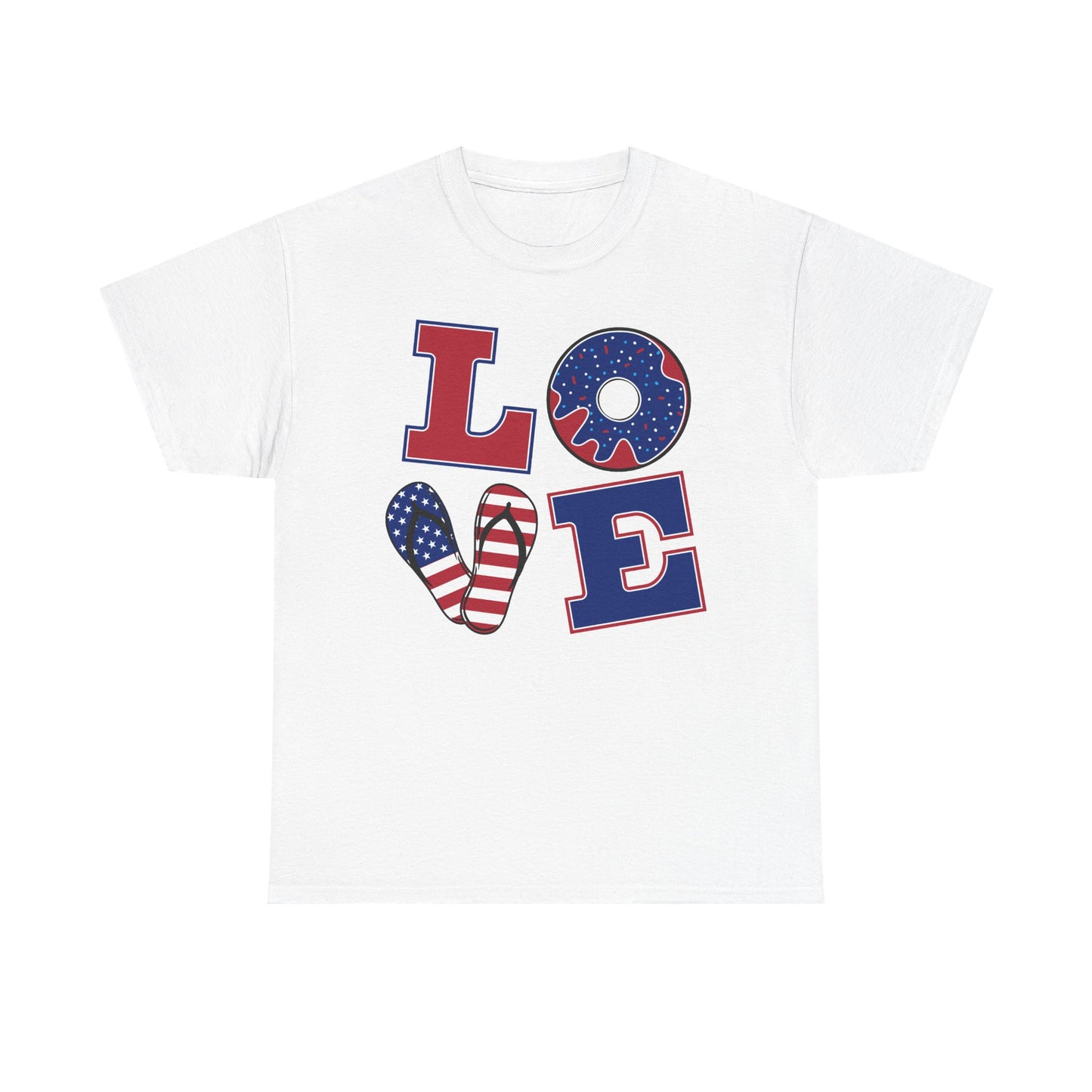Patriotic "LOVE" Tee – American Flag Donut Heart 4th of July Shirt