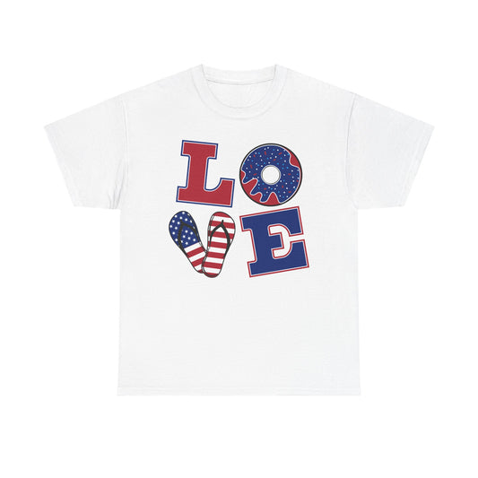Patriotic "LOVE" Tee – American Flag Donut Heart 4th of July Shirt