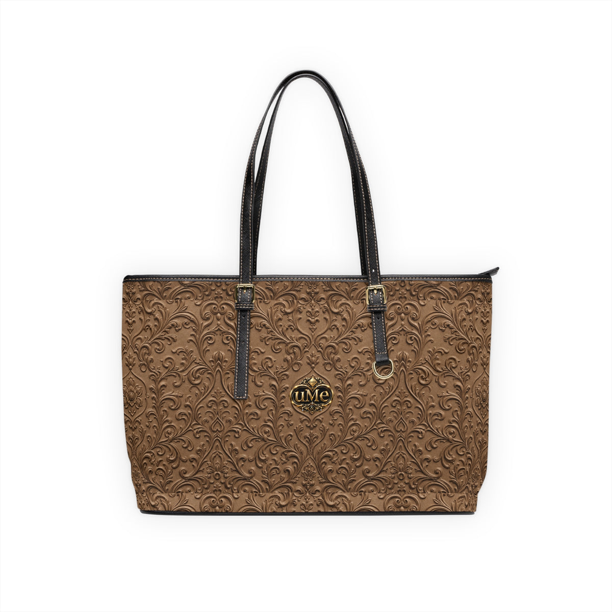 Brown UME Gold Crest Shoulder Tote — PU Faux Leather Scroll Print