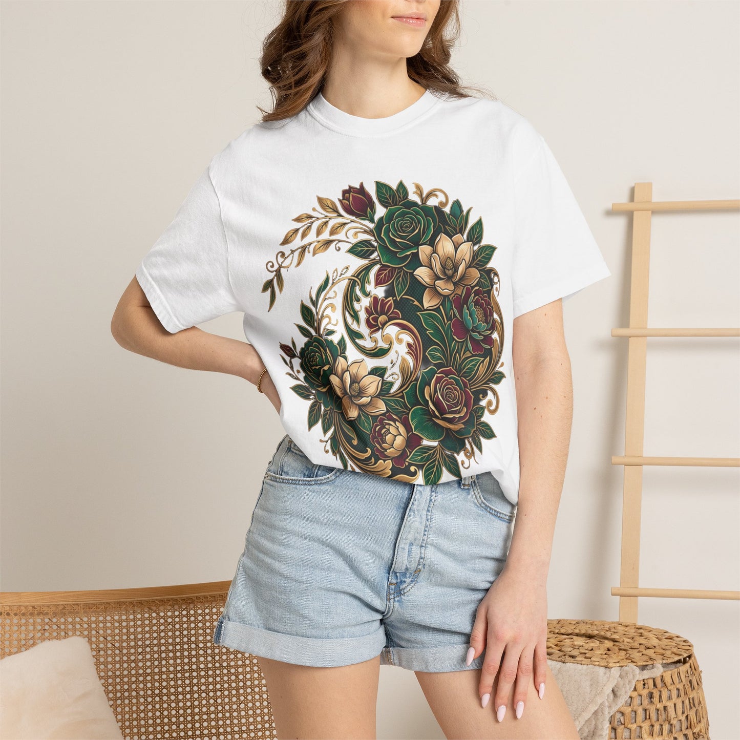 Floral Yin Yang T-Shirt — Vintage Green & Gold Rose Graphic Tee
