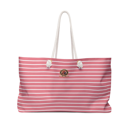 Coral Rose Stripe Nautical Weekender Bag – BL Signature Pink & White Rope Handle Beach Tote