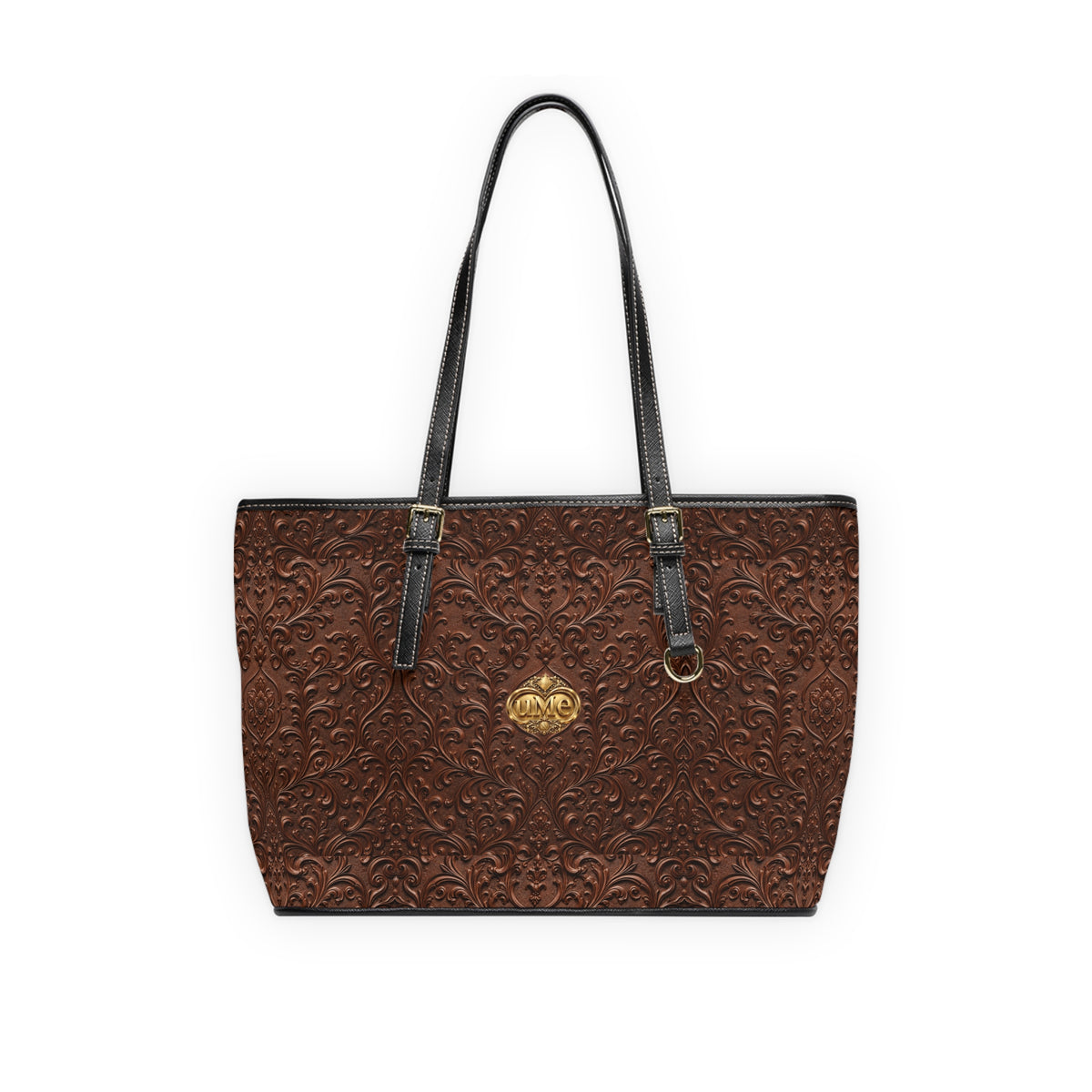 Chestnut Brown UME Shoulder Tote — PU Faux Leather Gold Crest Scroll Print