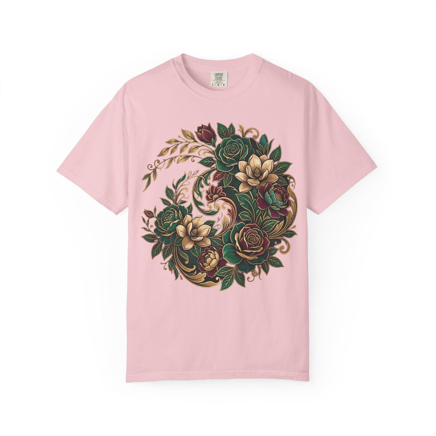 Floral Yin Yang T-Shirt — Vintage Green & Gold Rose Graphic Tee