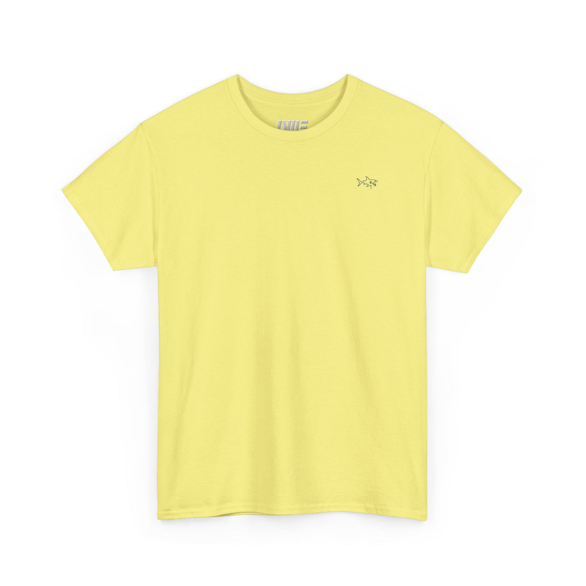 Minimalist string design Fish Tee — Small Chest Fish & Back 'OWE' Graphic