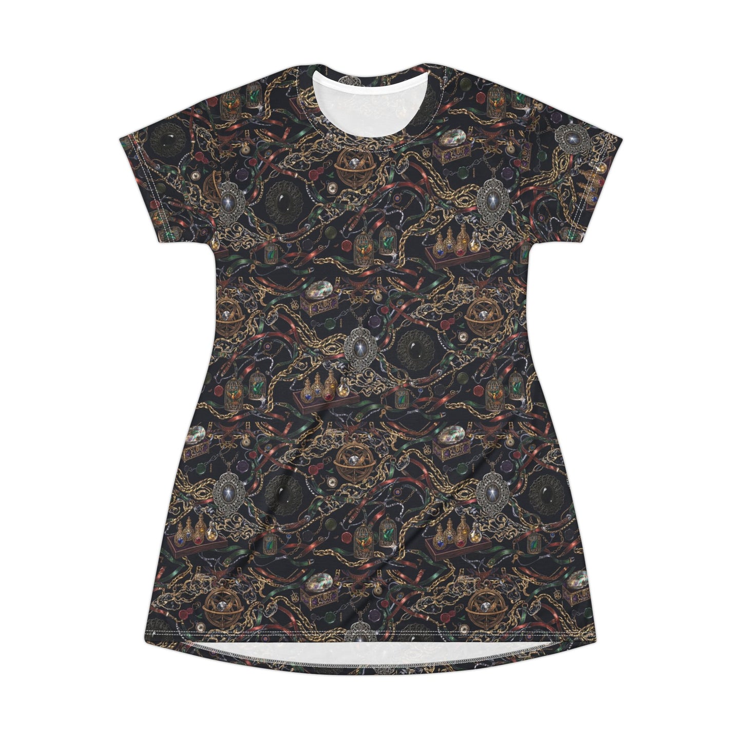 Steampunk Circuitry All-Over Print T-Shirt Dress — Vintage Tech Mechanical Pattern