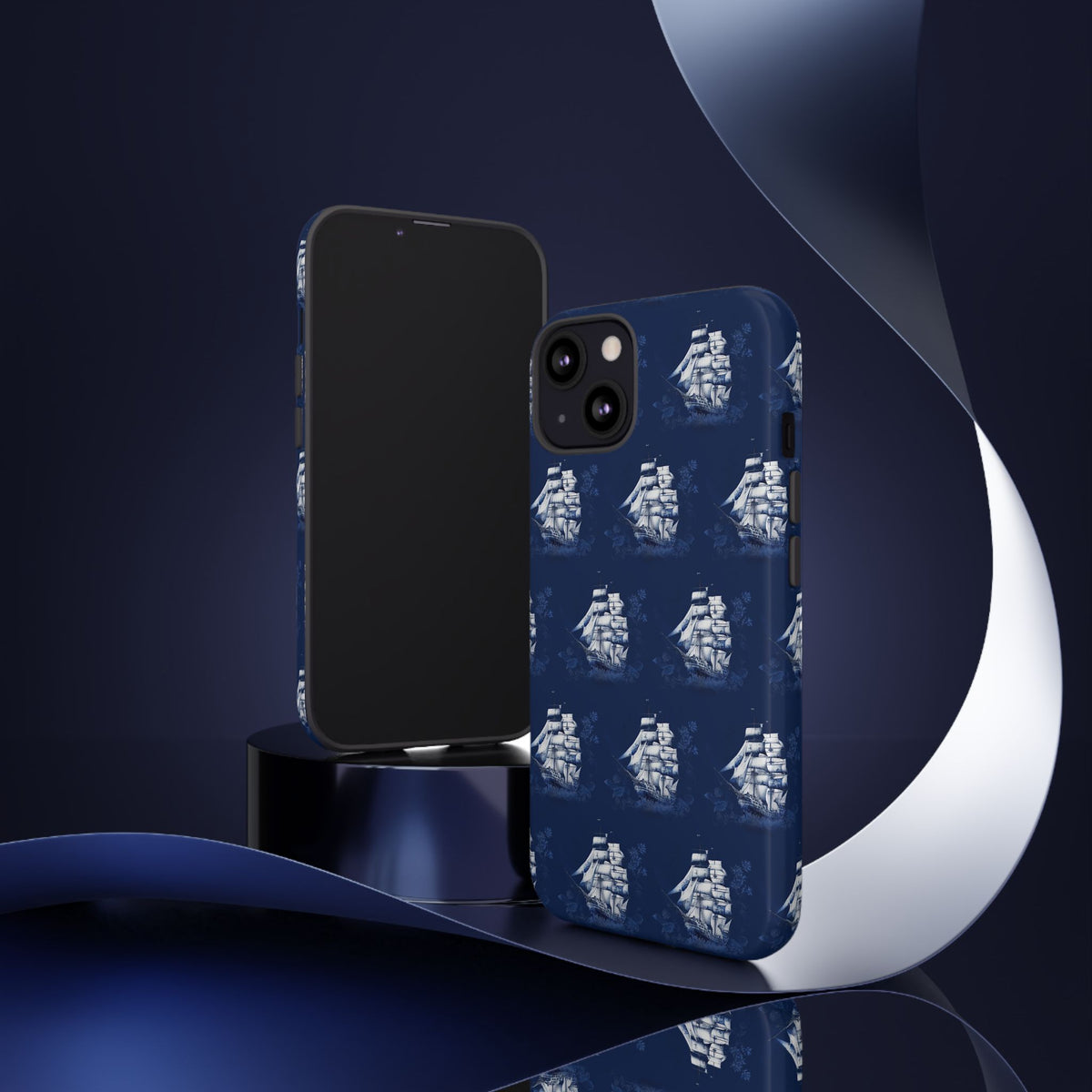 Navy Sailing Ship Phone Case — Navy Blue Vintage Nautical All-Over Print