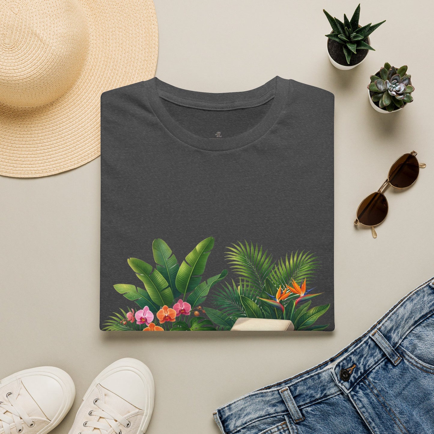 Tropical Lounge T-Shirt — Cozy Chair & Palm Floral Graphic Tee