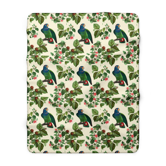 Tropical Parrot Sherpa Blanket – Botanical Bird Print Plush Fleece Throw