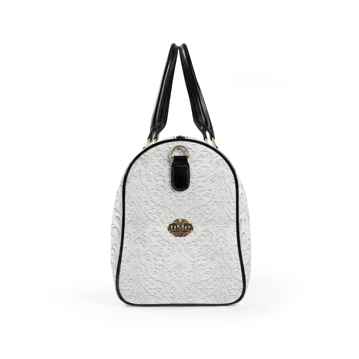 White Faux Leather Travel Bag — 'uMe' Gold Crest Weekender