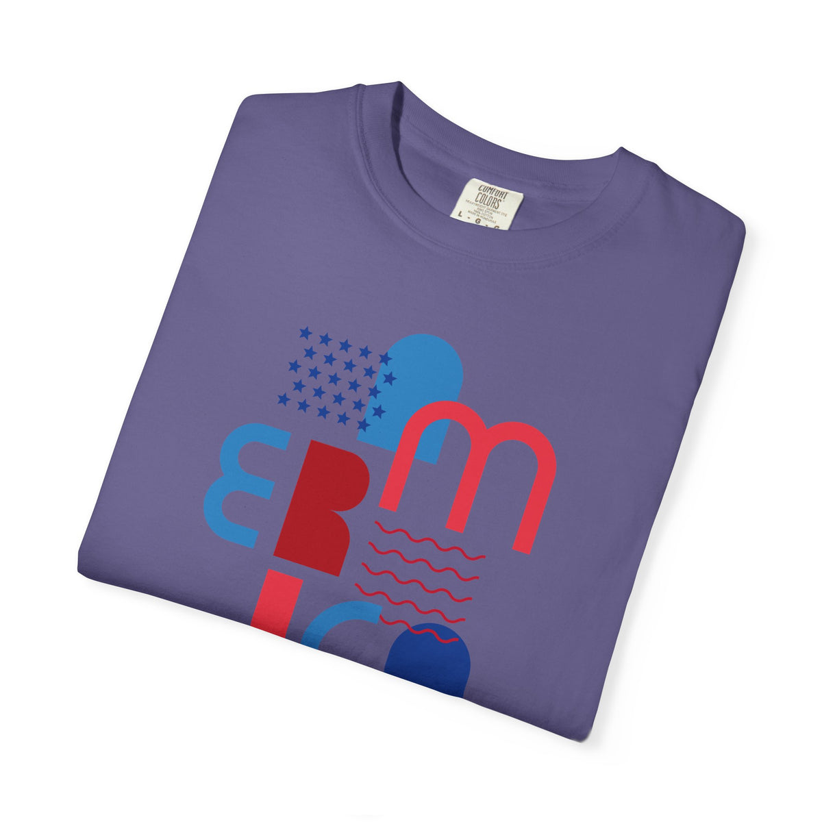 T-Shirt — Abstract 'America' Graphic Tee (Red & Blue Geometric Design)