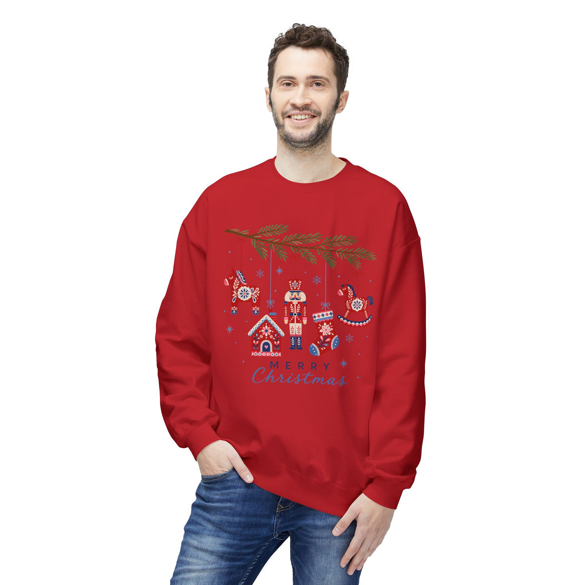Merry Christmas Scandinavian Folk Art Crewneck Sweatshirt — White, Red & More