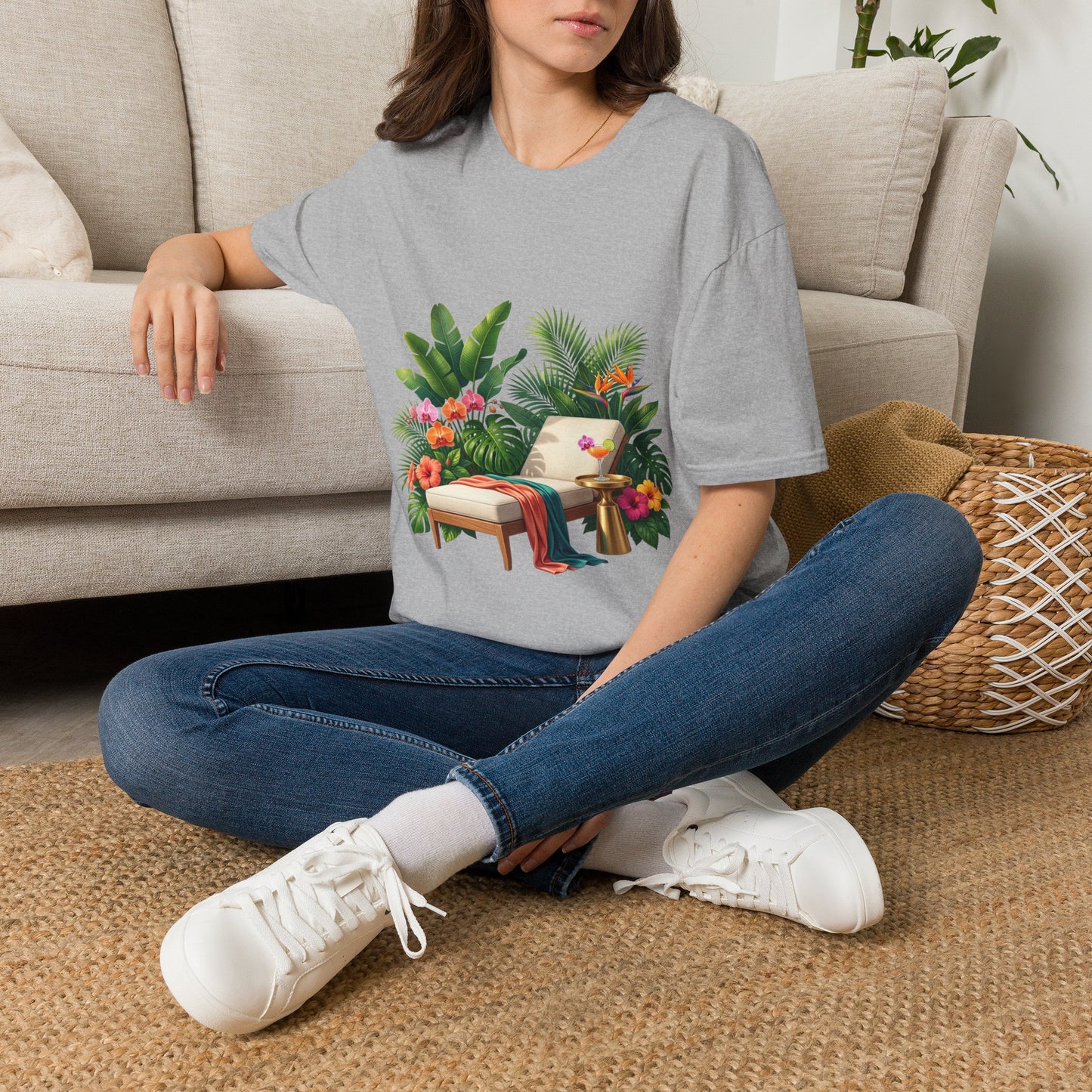 Tropical Lounge T-Shirt — Cozy Chair & Palm Floral Graphic Tee