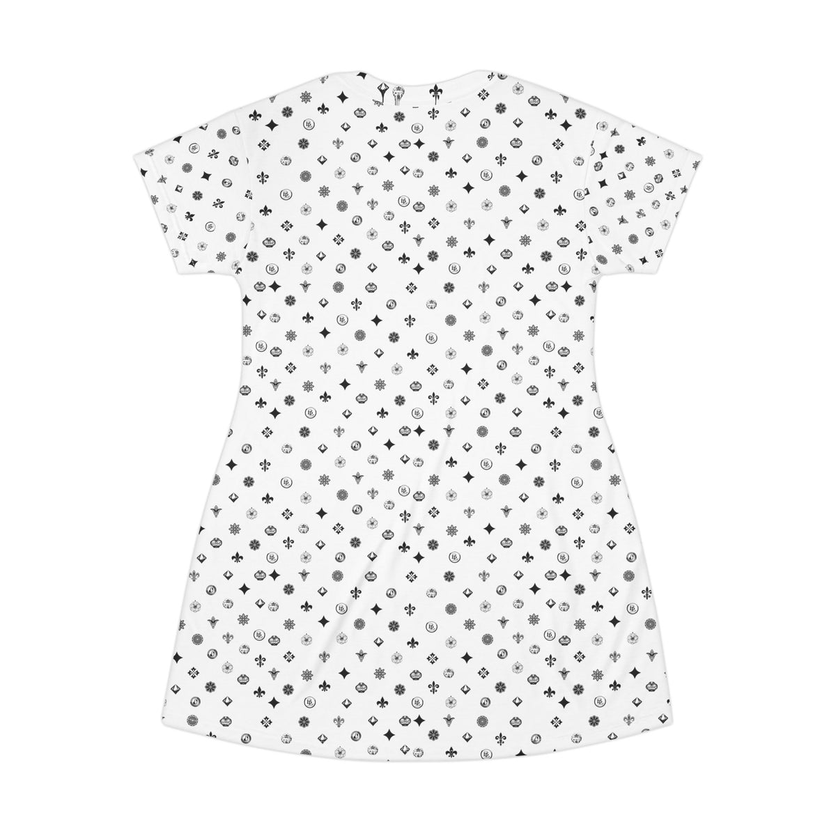T-Shirt Dress — White Ornamental Motif All-Over Print